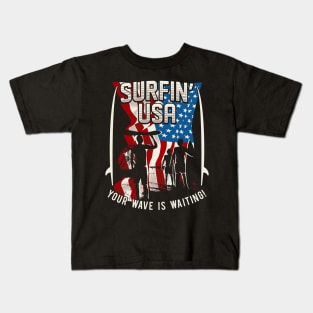 surfing usa with american flag Kids T-Shirt